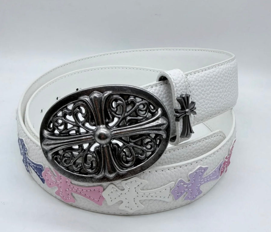 White Vintage Filigree Cross Buckle Belt – Y2K Gothic Streetwear