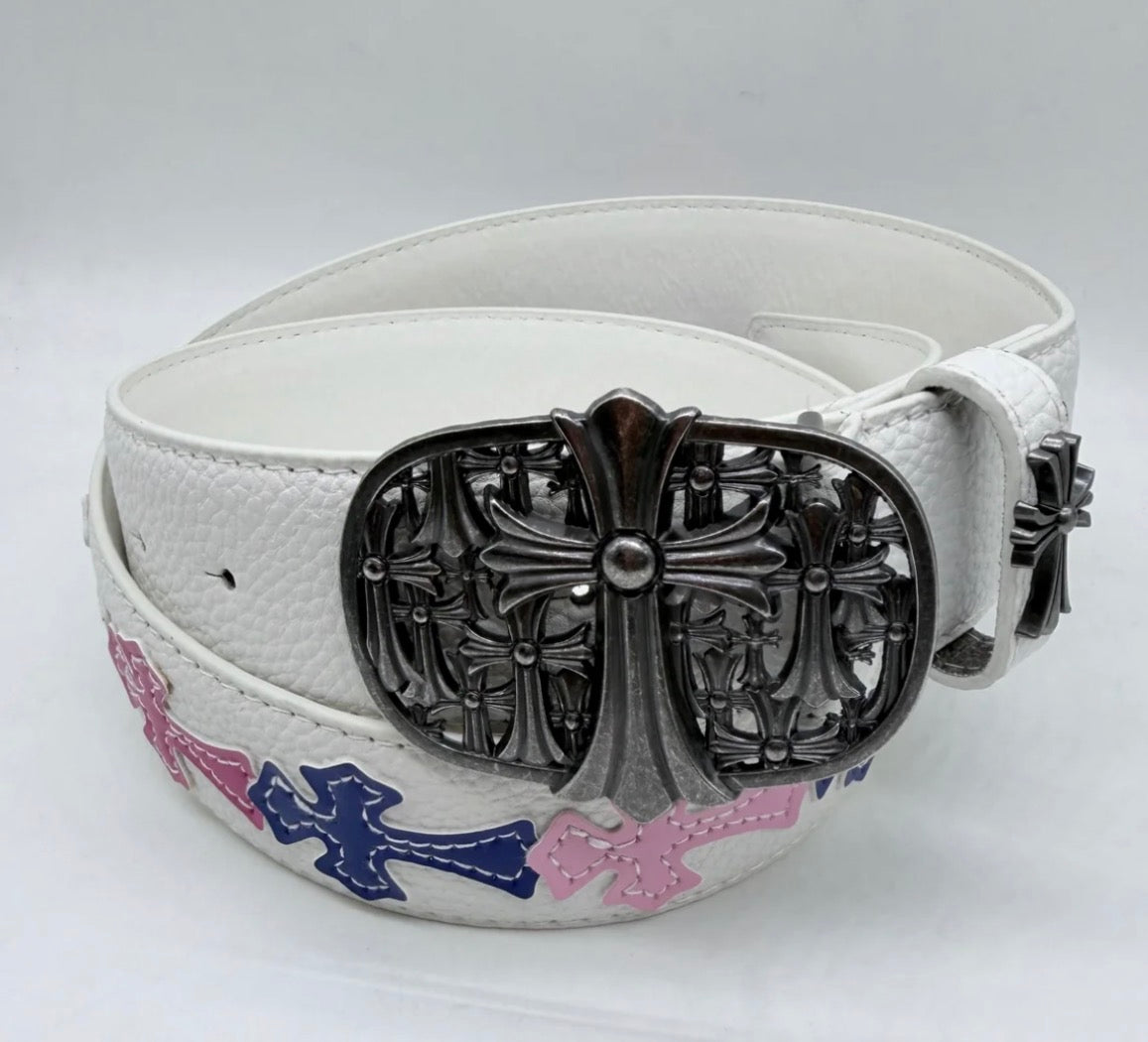 White Vintage Filigree Cross Buckle Belt – Y2K Gothic Streetwear