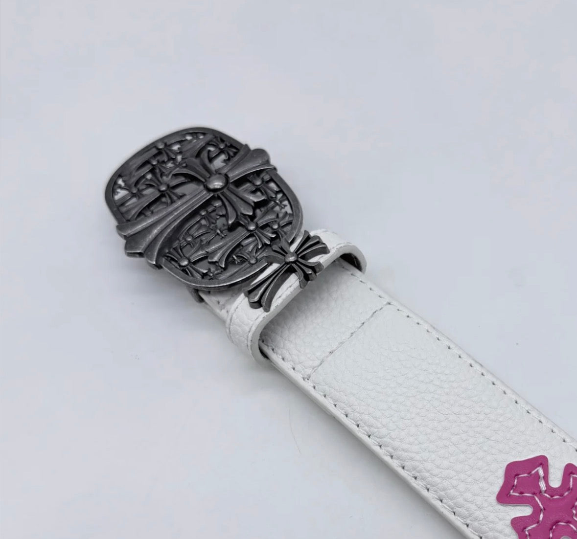 White Vintage Filigree Cross Buckle Belt – Y2K Gothic Streetwear