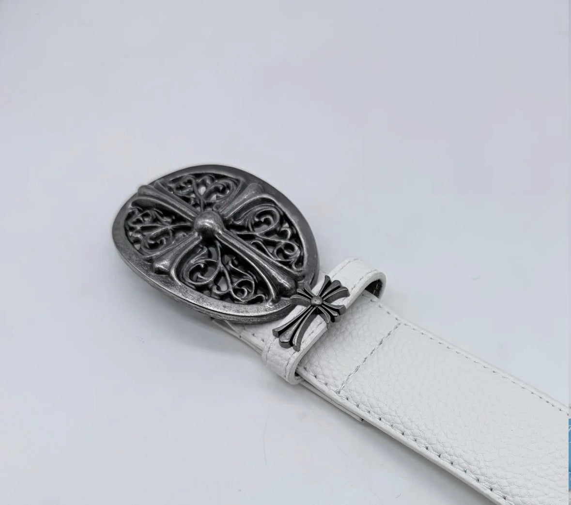 White Vintage Filigree Cross Buckle Belt – Y2K Gothic Streetwear