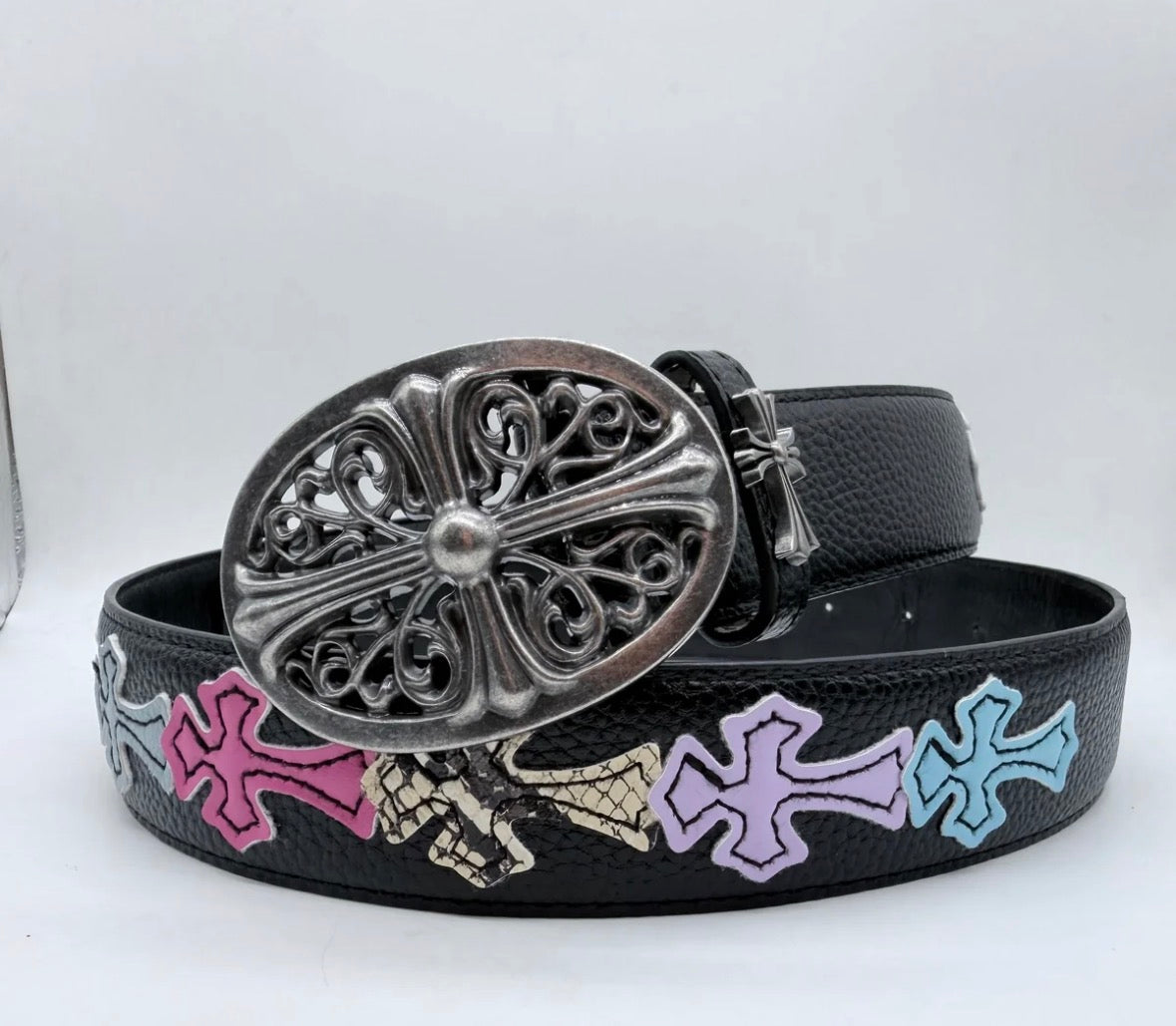 Black Vintage Filigree Cross Buckle Belt – Y2K Gothic Streetwear