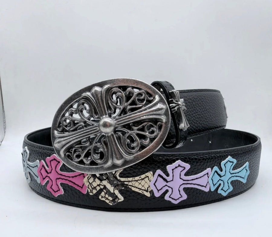 Black Vintage Filigree Cross Buckle Belt – Y2K Gothic Streetwear